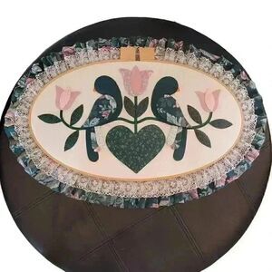Vintage Fabric Wall Art in Oval Hoop 26x17 Love Birds Handmade